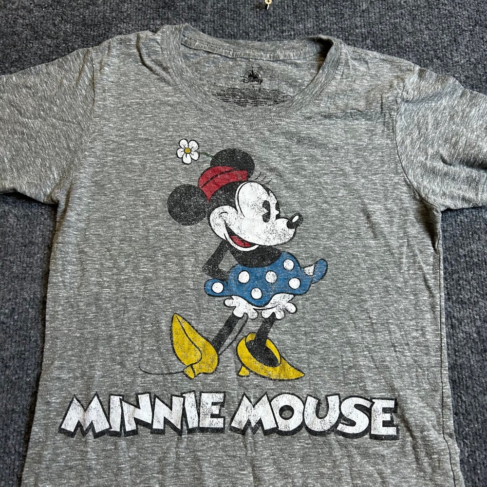 Disney T-Shirt Womens Size S Gray Minnie Mouse Distressed Viscose Slim Fit Tee